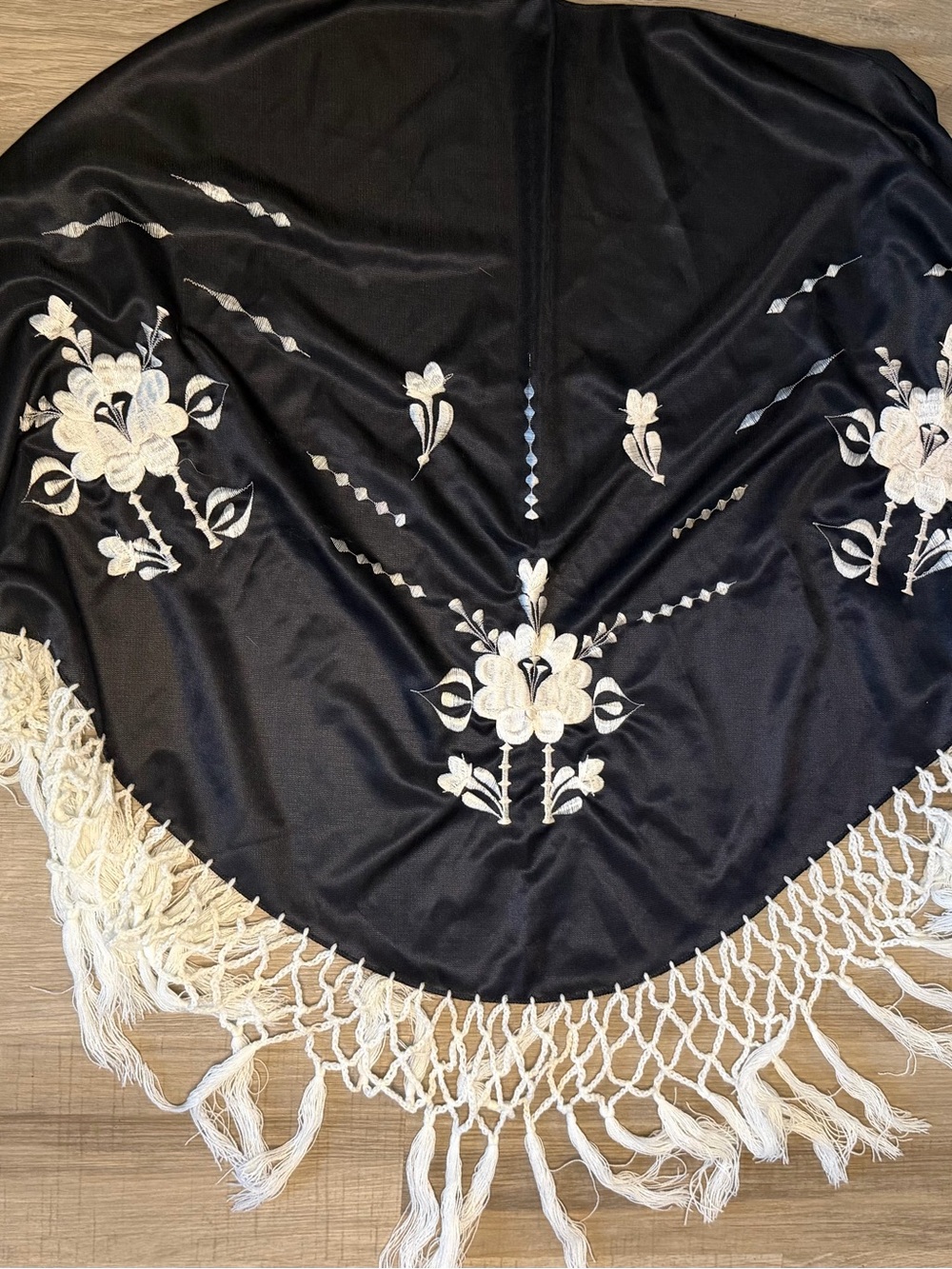 Black Satin Shawl with Cream Floral Embroidery and Fringe